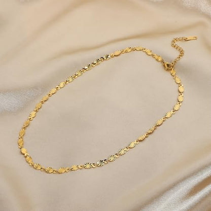 Gold Plated Stainless Steel Necklace Hypoallergenic Oval Petal Chain Link Choker Collar Charm Necklaces Classic Stylish Vintage Fashion Jewelry Valentine's Day Birthday Gift for Women