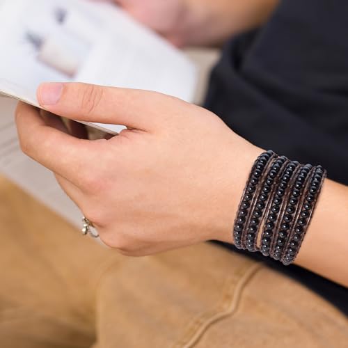 Genuine Stone Wrap Bracelets for Women Natural Crystal Beaded Wrap Bracelet 2/3/5 Adjustable Bohemian Bracelets Jewelry Gifts for Women Mom - color: black agate(5 wraps)