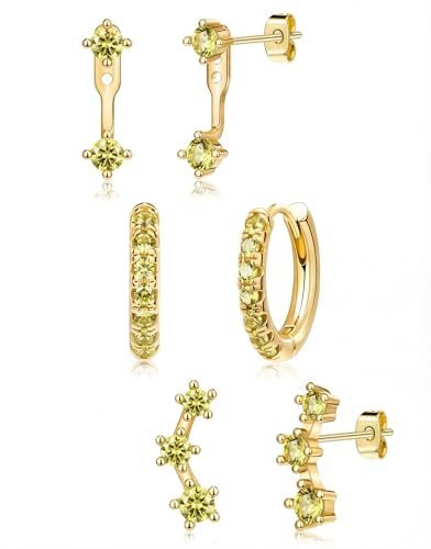 3 Pairs Dainty Small Earrings Set for Women Trendy, Birthstone Stud Huggie Hoop Jacket Stack for Cartilage Helix, Gold Plated Hypoallergenic Cute Women Fashion Accessories Western Jewelry Gifts - color: 08Olive Green Created Peridot-Aug (Gold)