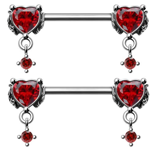 Pierced Owl 14GA 316L Stainless Steel Gothic Red CZ Crystal Heart with Dangling Gems Nipple Barbells, Sold as a Pair