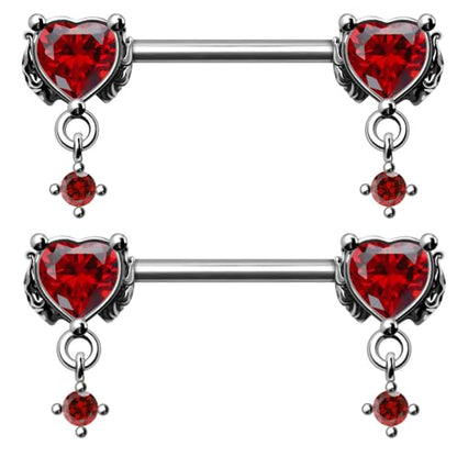 Pierced Owl 14GA 316L Stainless Steel Gothic Red CZ Crystal Heart with Dangling Gems Nipple Barbells, Sold as a Pair