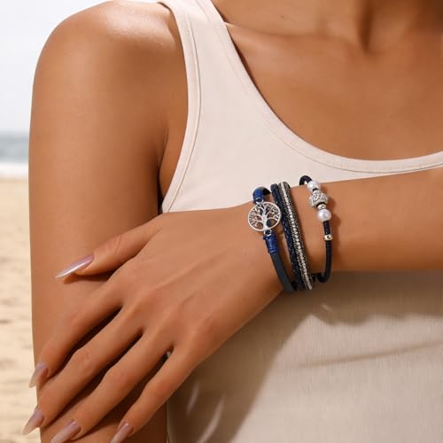 hotoo Leather Wrap Bracelets for Women Tree of Life Cuff Bracelets Pearl Rhinestone Bead Multi-Layer Bracelets Bohemian Jewelry Gift for Women - color: Blue