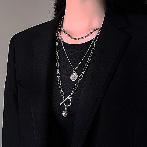 Womens Silver Layered Necklace Set, Triple Strand Hip Hop Coin Pendant Choker, Chunky Link Chain Jewelry for Streetwear