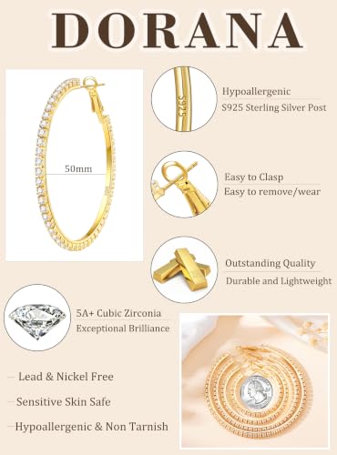 3mm 925 Sterling Silver Big Cubic Zirconia Hoop Earrings for Women Large Rhinestone Hoop Earrings 14K Gold Plated Hypoallergenic Lightweight 30mm/40mm/50mm/60mm - color: Gold-50mm
