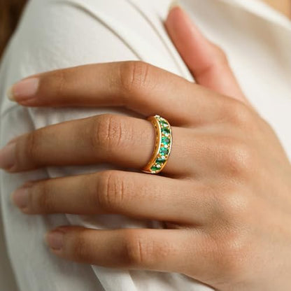 Amethyst Emerald Ruby Sapphire Wedding Band Anniversary Women Rings | 925 Sterling Silve|Hypoallergenic|Standard Size|Ruby|Sapphire|Emerald|Wedding Anniversary Jewelry|Genstone Ring|Holiday Gifts - color: Emerald & Gold