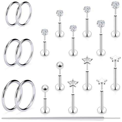 16G Lip Labret Medusa Rings Studs Internally Threaded 316L Surgical Steel Snake Bite Lip Rings Flat Back Catilage Tragus Helix Daith Earrings Piercings Jewelry for Women Men 8mm - color: 16G-6mm 8mm 10mm Bars + Hinged Clicker Ring + Silcer