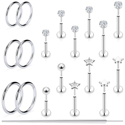 16G Lip Labret Medusa Rings Studs Internally Threaded 316L Surgical Steel Snake Bite Lip Rings Flat Back Catilage Tragus Helix Daith Earrings Piercings Jewelry for Women Men 8mm - color: 16G-6mm 8mm 10mm Bars + Hinged Clicker Ring + Silcer