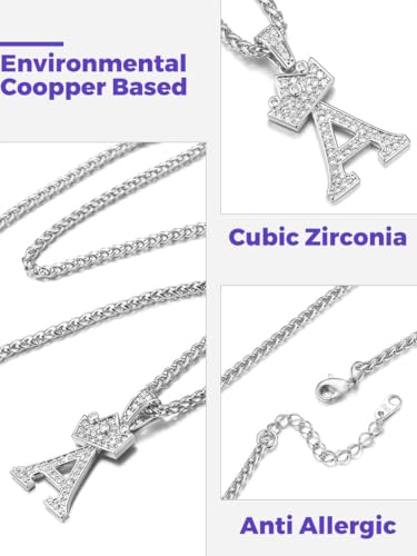 Richsteel Silver Crown Initial A-Z Letter Pendant Necklace for Men Women | Cubic Zirconia Monogram, 316L Steel Chain, 22" + 2" Extender,Hypoallergenic,Gift Box, Hip Hop Jewelry - style: A.