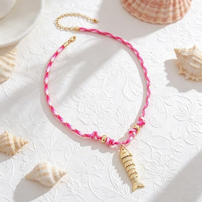 YUJIE Dainty Fish Pendant Necklace for Women 14k Gold Plated Ocean Fish Charm Necklace Summer - color: rope fish