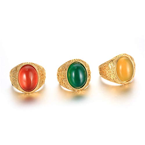 Retro Unisex Stainless Steel Oval Gemstone Hollow Flower Carved Signet Ring - color: Gold-Green