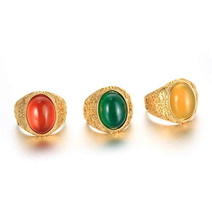 Retro Unisex Stainless Steel Oval Gemstone Hollow Flower Carved Signet Ring - color: Gold-Green