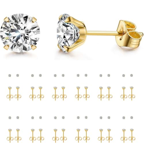12 Pairs Stud Earrings Set, Hypoallergenic Surgical Stainless Steel 316L Earring for Women Men, Small Earring Studs Pack with Cubic Zirconia - color: Gold-3mm x 12 Pairs