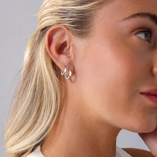 micuco 3 Pairs Small Gold Hoop Huggie Earrings Set for Women Men Tendy | 14K Gold Plated Small Huggie Hoop Earrings for Men, Tiny Cartilage Hypoallergenic Earring Set - style: B# Classic silver 8-10-12mm