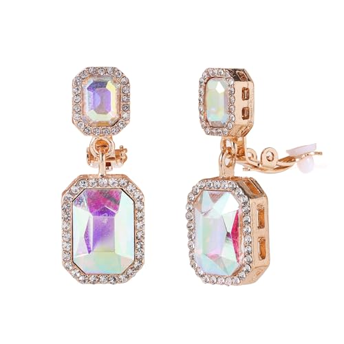 YINLI Austrian Crystal Square Shape Dangle Drop Clip on Earrings for Women - color: ab,gold
