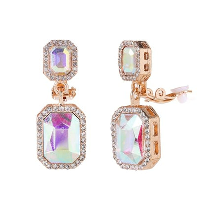 YINLI Austrian Crystal Square Shape Dangle Drop Clip on Earrings for Women - color: ab,gold