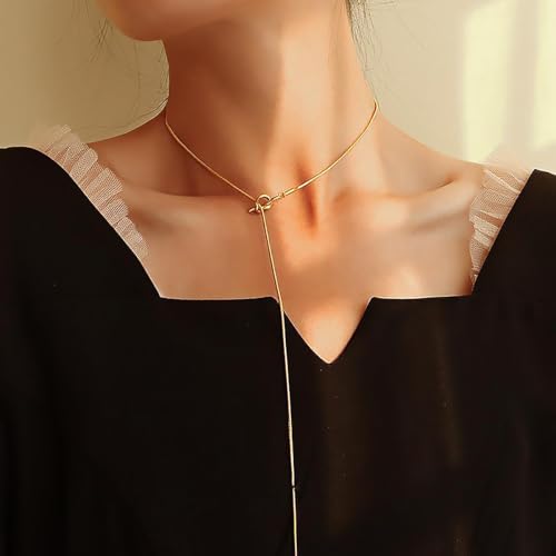 Lariat Necklaces for Women, Dainty Minimalist Knotted Rope Design Pendant Long Y Necklaces 18k Gold Plated Trendy Chain Jewelry - color: Gold, style: Trendy