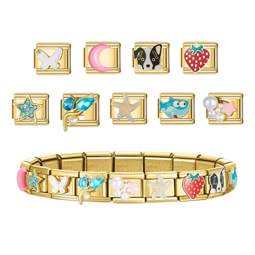 Stainless Steel Italian Charm Bracelet, 18 Link Starter Bracelet 9mm Charms | Italian Charm Bracelet with 9Pcs/20Pcs Charms and Opening Tools, Classic 9mm Modular Charm, Personalized Jewelry Gift - color: E-Gold
