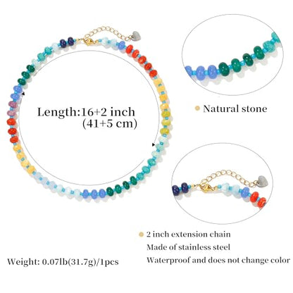 Joya Love Colorful Gemstone Beaded Necklaces For Women Trendy Rainbow Natural Stone Boho Handmade Stainless Steel Waterproof Strand Necklaces Jewelry For Women Gift - color: Red Yellow