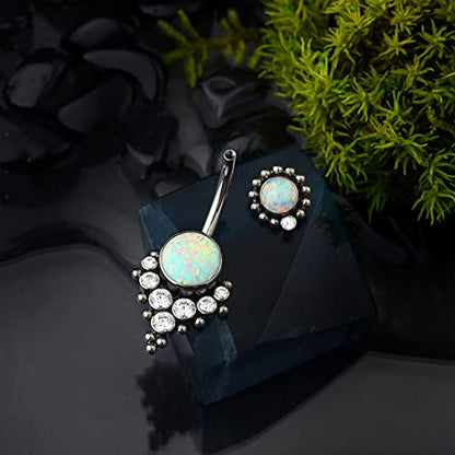 G23 Solid Titanium Belly Button Rings for Women Bezel Cluster 14G Implat-Grade Hypoallergenic Navel Rings Cute 14g Belly Rings - color: A-White Opal