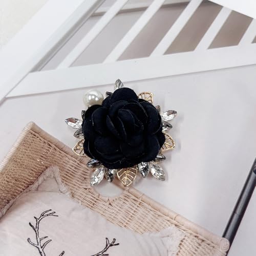 Elegant Rose Flower Brooch Pin for Women Men Wedding Party Gentleman's Essentials Handmade Imitation Crystal Pearl Fabric Flower Lapel Pin Dress Suit Accessories Boutonniere Ideas Gift - color: Black