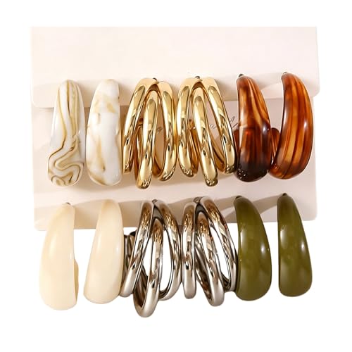 6pcs Acrylic Hoop Earrings Set for Women Vintage Multicolored Geometric Resin Metal Earrings Trendy Statement Minimalist Party Jewelry Gifts