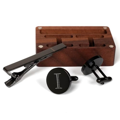 Mens Initial Cufflinks and Tie Clip A-Z Alphabet Letter Black Stainless Cuff Links Tie Bar with Engraved Walnut Wood Box Groom Groomsman Wedding Set - style: Classic-I