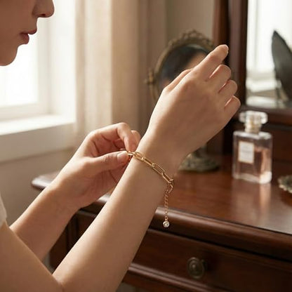 Solza 2 Layer Gold Plated Bracelet – Stainless Steel Adjustable Layered Chain with 3mm Beads, 18K Gold Plated Non Tarnish Jewelry for Women, Elegant Beaded Bracelet Stack for Everyday Wear - style: Paper Clip Chain