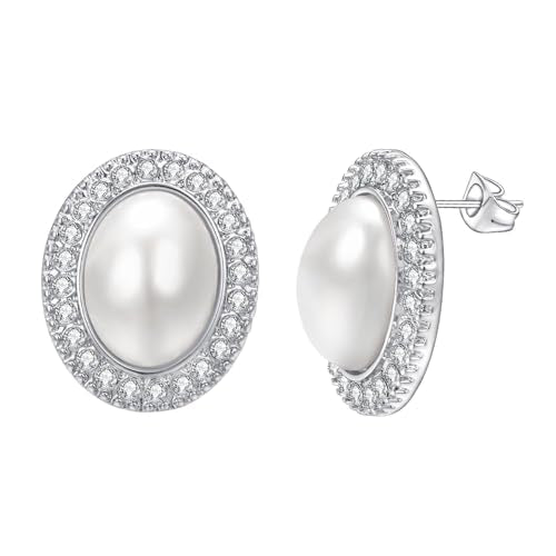 Pearl and Rhinestone Stud Earrings for Women Retro Statement Earrings Wedding Party Prom Jewelry - color: Mabe Pearl-Silver
