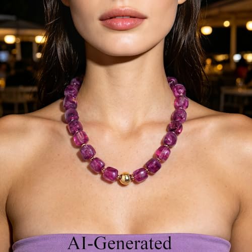 Ritach Chunky Beaded Necklaces for Women - Colorful Large Square Acrylic Beaded Necklace Boho Chunky Necklace Adjustable Statement Choker Necklace for Women Waterproof Summer Beach Jewelry Gifts - color: Purple