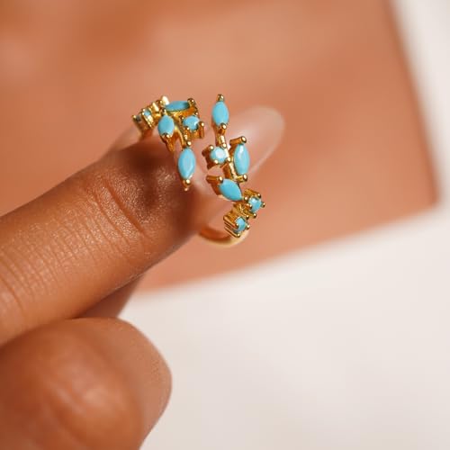Boho Turquoise Rings for Women Non Tarnish Western Gold/Silver Leaf Ring | 14k gold plated/silver plated white copper natural turquoise ring,bohemian adjustable open wrap knuckle rings