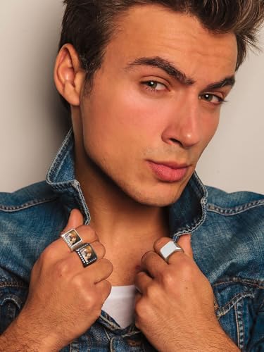 FindChic Customized Signet Photo Rings Square/Heart/Round Chunky Band Ring Stainless Steel/18K Gold Plated/Black Size 7 to 14 Personalized Jewelry for Men Women, Send Gift Box - color: 01. square (black)