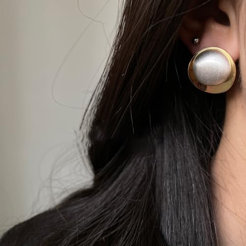 Geometric Chunky Stud Earrings for Women,Thick Brashed Matte Brass Metal Lightweight Dainty Trendy Statement Two-Tone Jewelry Earrings - color: White
