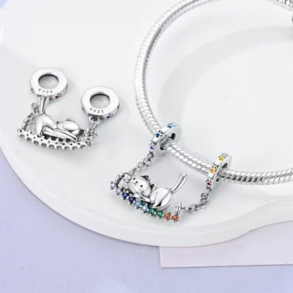 925 Sterling Silver Charms for Bracelets and Necklaces Lipstick and Perfume High Heels Dangle Pendants Heart Butterfly Bead Charms Halloween Christmas Gift for Womens - style: Cat Safety Chain