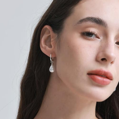 14k Gold Plated Lightweight Pearl Earrings,Trendy Jewelry,Teardrop Hoop Earrings for Women,Pearl Drop Earrings,Elegant Jewelry for Gifts - color: Circle Pearl Silver