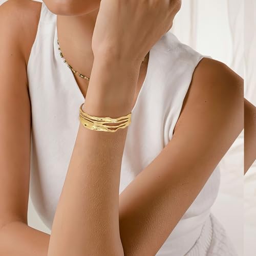 Chunky 14k Gold Cuff Bracelets for Women - Non Tarnish Teardrop Bangle Multi-layer Cross Wire Open Bracelets - color: Golden 16