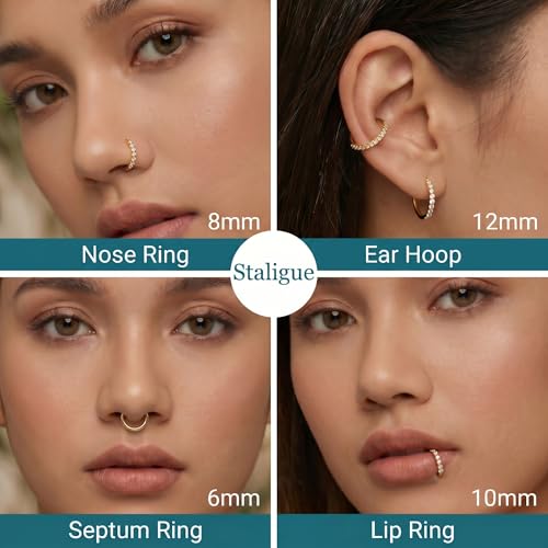 Staligue Nose Hoop ring - 316L Surgical Steel Nose Ring 16/18/20G Hinged Diamond Nose Ring Hoop Septum Clicker Rings Cartilage Earring Helix Rook Tragus Daith Piercing Jewelry for Women 6MM/8MM/10MM/12MM - color: Gold, size: 18G-8MM