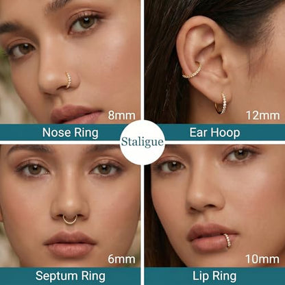 Staligue Nose Hoop ring - 316L Surgical Steel Nose Ring 16/18/20G Hinged Diamond Nose Ring Hoop Septum Clicker Rings Cartilage Earring Helix Rook Tragus Daith Piercing Jewelry for Women 6MM/8MM/10MM/12MM - color: Gold, size: 18G-12MM