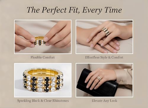 Sparkling Rhinestone Ring Set Trendy Elastic Rhinestone Crystal Stretch Ring Stackable Jewelry for Women Girls - color: 3 Rows Ring-Golden+White+Black
