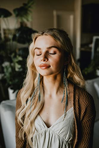 Bohemian handmade long lightweight feather dangle earrings for women - color: Natural & Turquoise