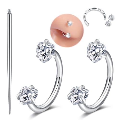 MODRSA Silver Gold Horseshoe Nose Ring 18g Double Gem Horse Shoe Nose Ring Hoop for Women Surgical Steel Half Hoop U Shape Tragus Earring Hoops Labret Lip Helix Piercing Jewelry Septum Rings 18 Gauge - color: D1- 18g Heart zircon -silver 2pcs