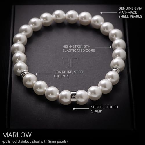 Forge & Foundry Marlow Men's Adjustable 8mm Shell Pearl (Man-Made) Bracelet | Design-Led Artisan Jewellery from London | Small, Medium, Large and Adjustable Sizing Options, 8mm Size, Size Adjustable | - color: Stainless stee, size: Large