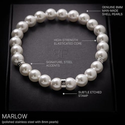 Forge & Foundry Marlow Men's Adjustable 8mm Shell Pearl (Man-Made) Bracelet | Design-Led Artisan Jewellery from London | Small, Medium, Large and Adjustable Sizing Options, 8mm Size, Size Adjustable | - color: Stainless stee, size: Large
