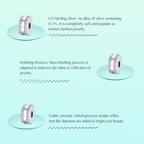 Annmors S925 Clip Spacer Safety Chain Stopper Charms for Pandora, Gift Mom Daughter Friend Sister Wife Grandma Girlfriend Fmaily On Christmas Mothers Valentines Halloween Graduation - color: B13-2pcs Double Lined Pavé Clip Charms