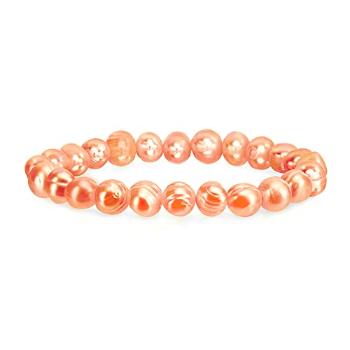 Savlano 8-9MM Cultured Freshwater Baroque Pearl Stretch Bracelet 7 Inches. Available In a Range of Beautiful Colors, For Women Comes with Gift Box - color: Peach