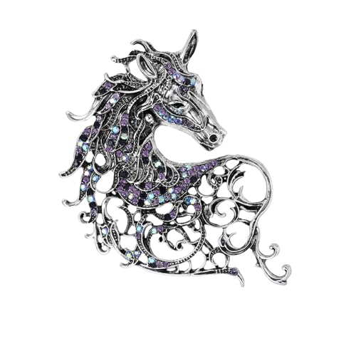 Vintage Rhinestone Horse Brooch For Women Statement Palace Style Enamel Horse Head Openwork Mane Filigree Oval Gem Accent Gold Silver Colors - color: Blue