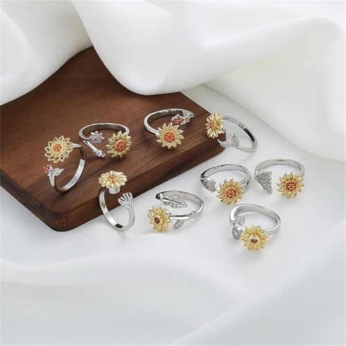 Hebelee Rotatable CZ Sunflower Spinner Ring for Women Fashion Crystal Rotating Flower Stackable Statement Open Wrap Finger Rings Comfort Fit Adjustable Fidget Anxiety Relieving Stress Jewelry - color: 2 Leaf