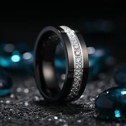 King Will Mens Tungsten Wedding Band with Cubic Zircon Inlay 7mm/8mm Flat Cut Comfort Fit Engagement Rings - color: Black&White-8mm