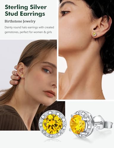 Dainty Birthstone Earrings for Women Sterling Silver Small Stud Earrings with Halo Cushion/Round Created Gemstone Earrings Birthstone Jewelry - style: B 11. Nov./created citrine-round cut