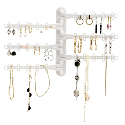 6-Tier Hanging Wall Jewelry Organizer, Earring, Necklace, Ring Holder-White | Large Capacity with 120 Earring Holes, Rotating Branches, Includes 3M Command Strips, Bracelet, Ring & Necklace Storage - color: 6-Tier Classic White