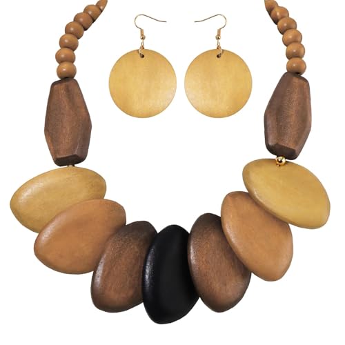Coiris Chunky Wooden Necklace and Earring Set for Women Boho Statement Jewelry Ethnic Accessories - color: Classic